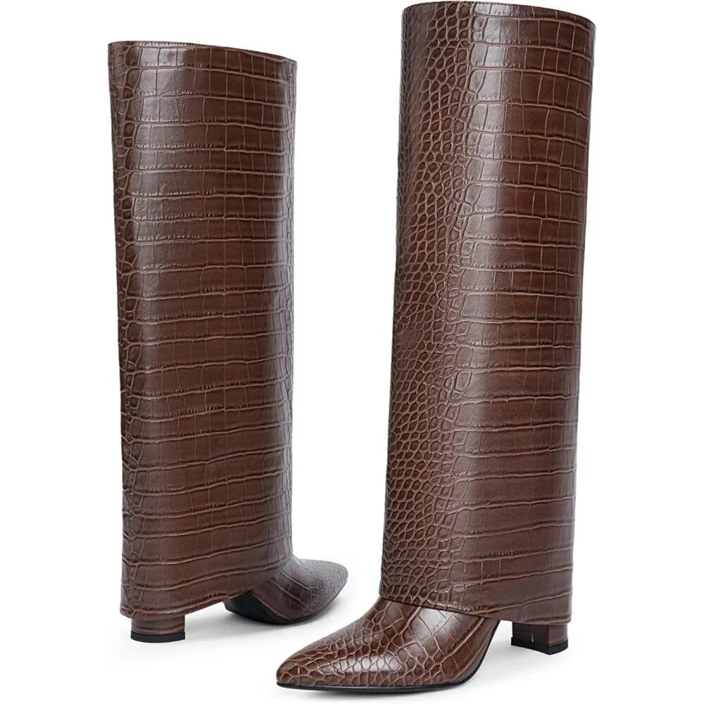 Women Crocodile-brown Leather Fold Over Knee High Chunky High Heels Long Boot